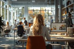 ragazza di spalle mentre lavora al computer