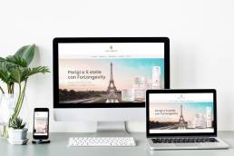 Sito Nature&rsquo;s ForLongevity visualizzato su computer, laptop e smartphone con la Torre Eiffel sullo sfondo