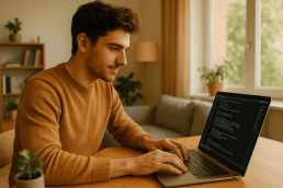 ragazzo seduto alla sua scrivania mentre lavora con il suo laptop a casa in smart working