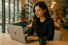 ragazza seduta in un bar mentre lavora con il suo laptop