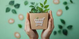 Carrello della spesa ecologico con una borsa di carta contenente piante verdi, simbolo di acquisti sostenibili e rispetto per l’ambiente.