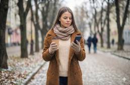 Woman in autumn coat checking phone with coffee outdoors